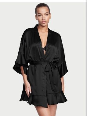 Victoria's Secret Black Flounce Satin Robe Kimono - Size XS